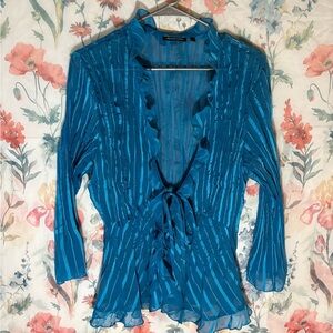 Notations Blue Ruffled Tie Front Blouse